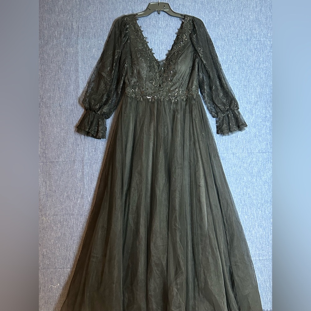 Ever Pretty Very Black Lace & Tulle Ruffle sleeves Maxi Dress